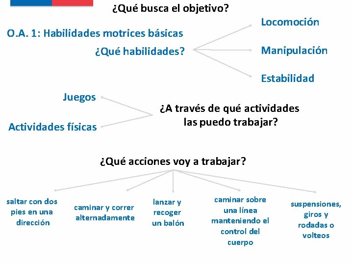 ¿Qué busca el objetivo? O. A. 1: Habilidades motrices básicas Locomoción Manipulación ¿Qué habilidades?