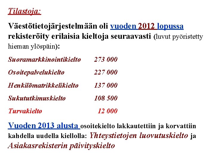 Tilastoja: Väestötietojärjestelmään oli vuoden 2012 lopussa rekisteröity erilaisia kieltoja seuraavasti (luvut pyöristetty hieman ylöspäin):