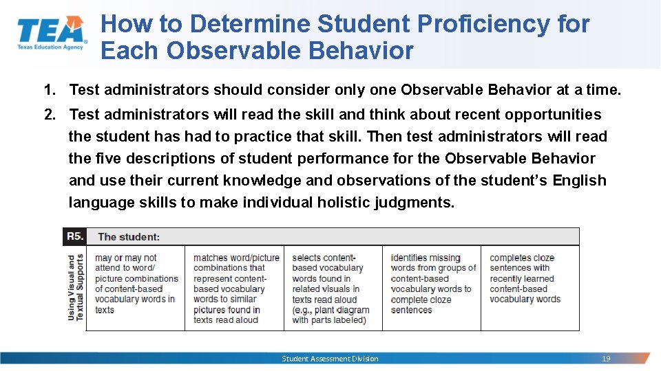 How to Determine Student Proficiency for Each Observable Behavior 1. Test administrators should consider