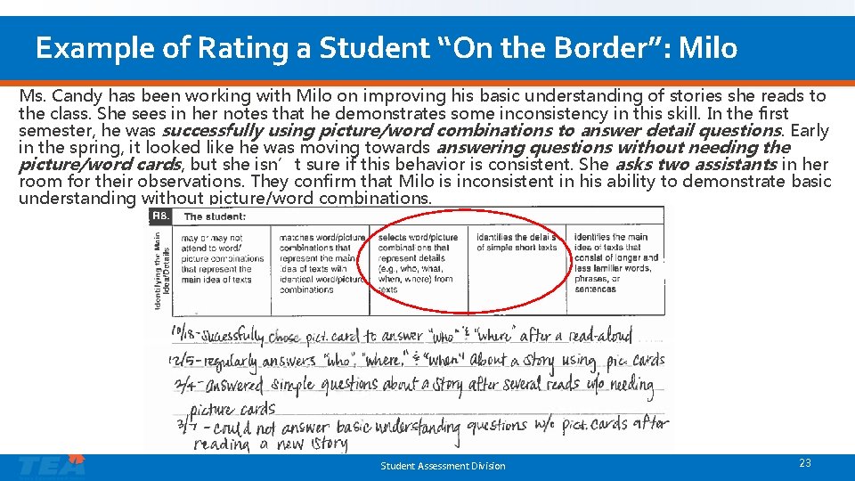 Example of Rating a Student “On the Border”: Milo Ms. Candy has been working