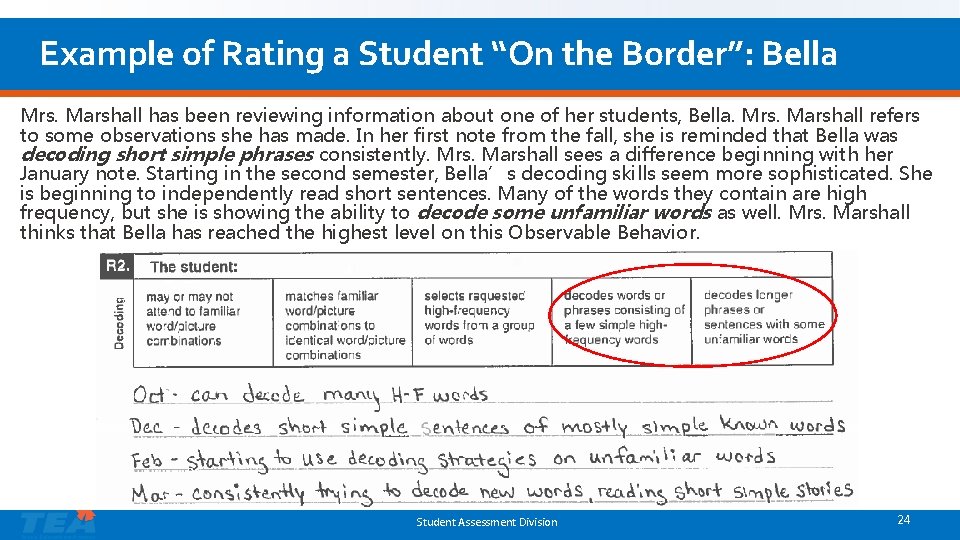 Example of Rating a Student “On the Border”: Bella Mrs. Marshall has been reviewing