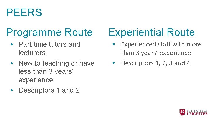 PEERS Programme Route • Part-time tutors and lecturers • New to teaching or have