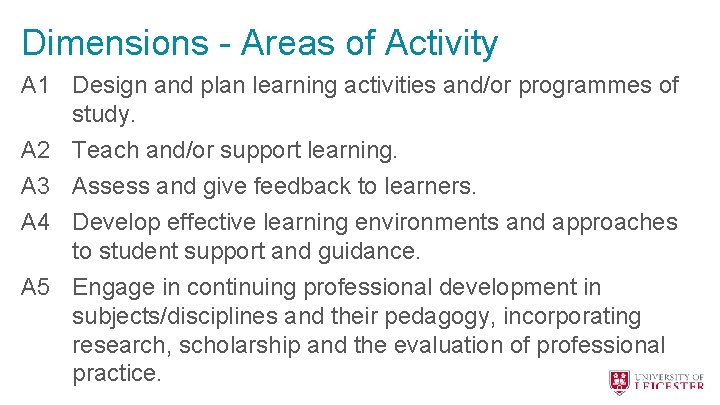 Dimensions - Areas of Activity A 1 Design and plan learning activities and/or programmes