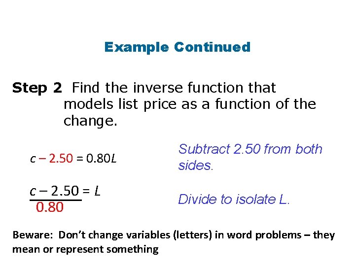 Example Continued Step 2 Find the inverse function that models list price as a
