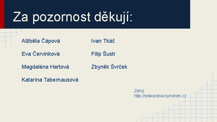 Za pozornost děkují: Alžběta Čápová Ivan Tkáč Eva Červinková Filip Šustr Magdaléna Hartová Zbyněk