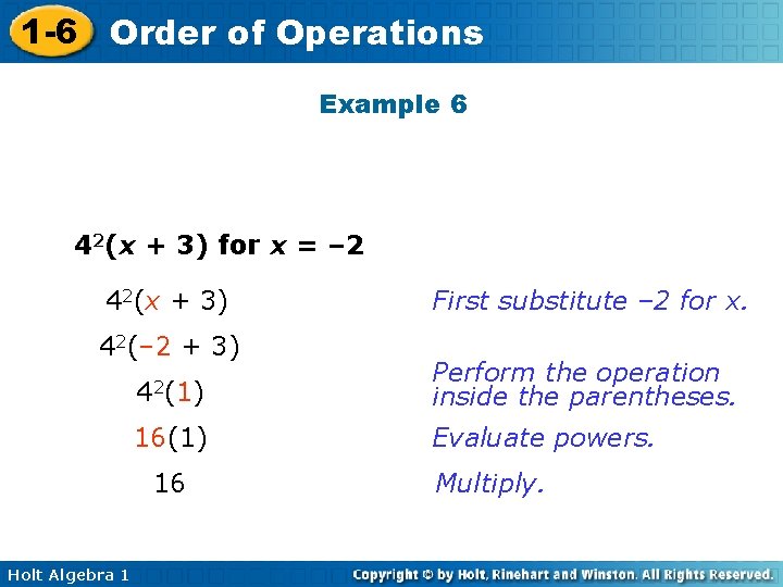 1 -6 Order of Operations Example 6 42(x + 3) for x = –