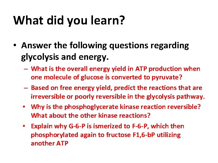 What did you learn? • Answer the following questions regarding glycolysis and energy. –