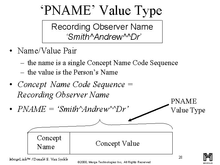 ‘PNAME’ Value Type Recording Observer Name ‘Smith^Andrew^^Dr’ • Name/Value Pair – the name is