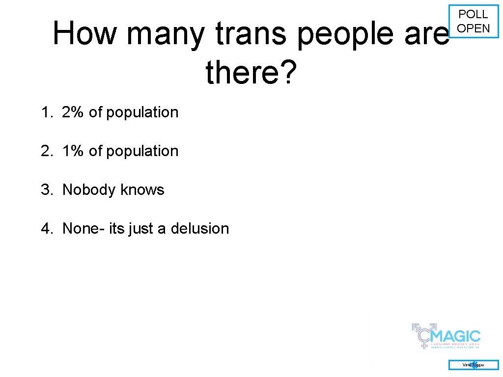 How many trans people are there? POLL OPEN 1. 2% of population 2. 1%