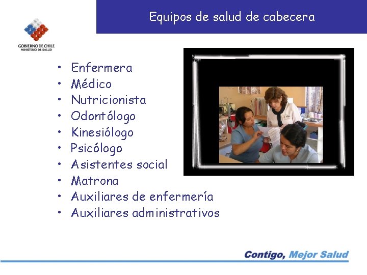 Equipos de salud de cabecera • • • Enfermera Médico Nutricionista Odontólogo Kinesiólogo Psicólogo