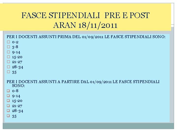 FASCE STIPENDIALI PRE E POST ARAN 18/11/2011 PER I DOCENTI ASSUNTI PRIMA DEL 01/09/2011