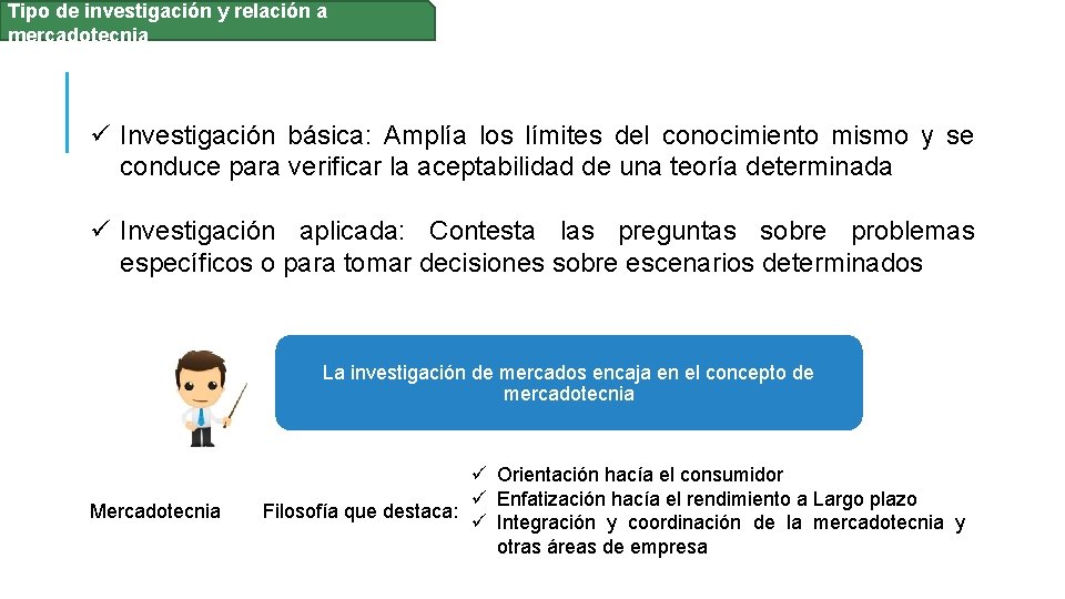 Tipo de investigación y relación a mercadotecnia ü Investigación básica: Amplía los límites del