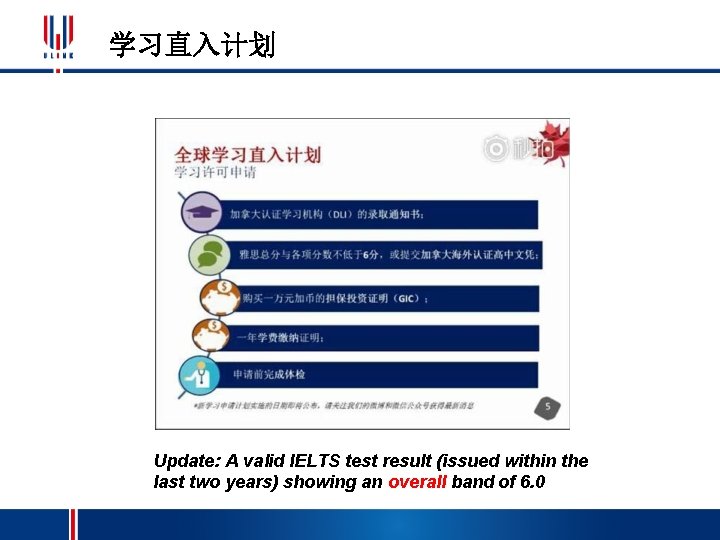 学习直入计划 Update: A valid IELTS test result (issued within the last two years) showing