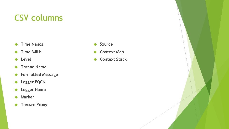 CSV columns Time Nanos Source Time Millis Context Map Level Context Stack Thread Name