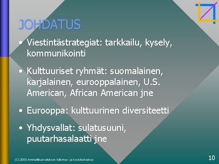 JOHDATUS • Viestintästrategiat: tarkkailu, kysely, kommunikointi • Kulttuuriset ryhmät: suomalainen, karjalainen, eurooppalainen, U. S.