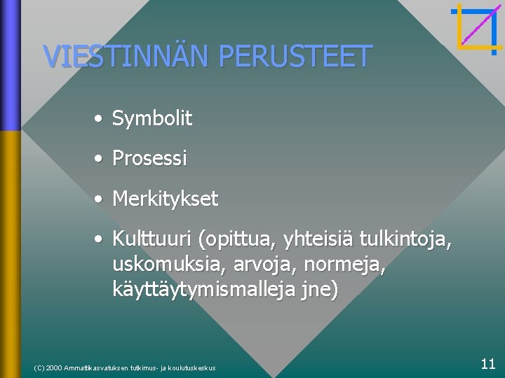 VIESTINNÄN PERUSTEET • Symbolit • Prosessi • Merkitykset • Kulttuuri (opittua, yhteisiä tulkintoja, uskomuksia,