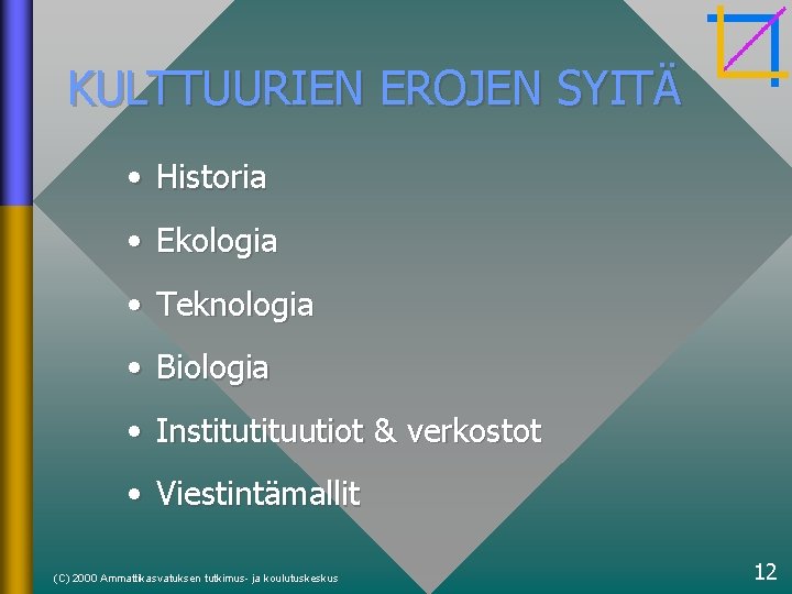 KULTTUURIEN EROJEN SYITÄ • Historia • Ekologia • Teknologia • Biologia • Instituutiot &