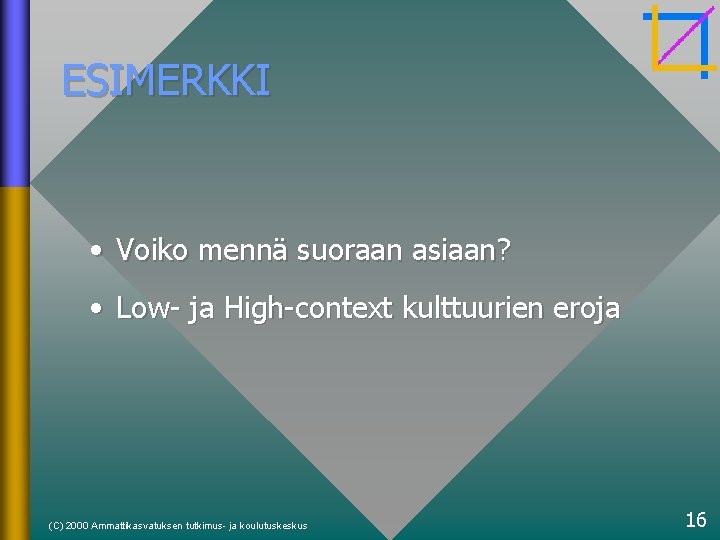 ESIMERKKI • Voiko mennä suoraan asiaan? • Low- ja High-context kulttuurien eroja (C) 2000