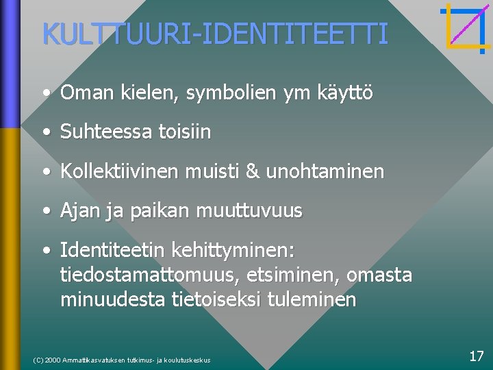KULTTUURI-IDENTITEETTI • Oman kielen, symbolien ym käyttö • Suhteessa toisiin • Kollektiivinen muisti &