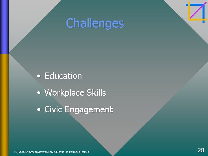 Challenges • Education • Workplace Skills • Civic Engagement (C) 2000 Ammattikasvatuksen tutkimus- ja