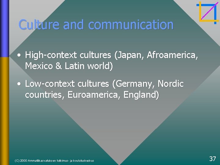 Culture and communication • High-context cultures (Japan, Afroamerica, Mexico & Latin world) • Low-context