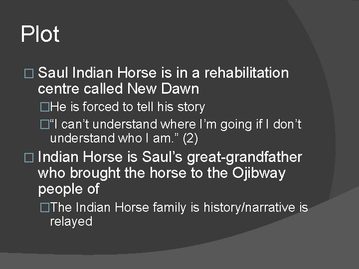 Plot � Saul Indian Horse is in a rehabilitation centre called New Dawn �He