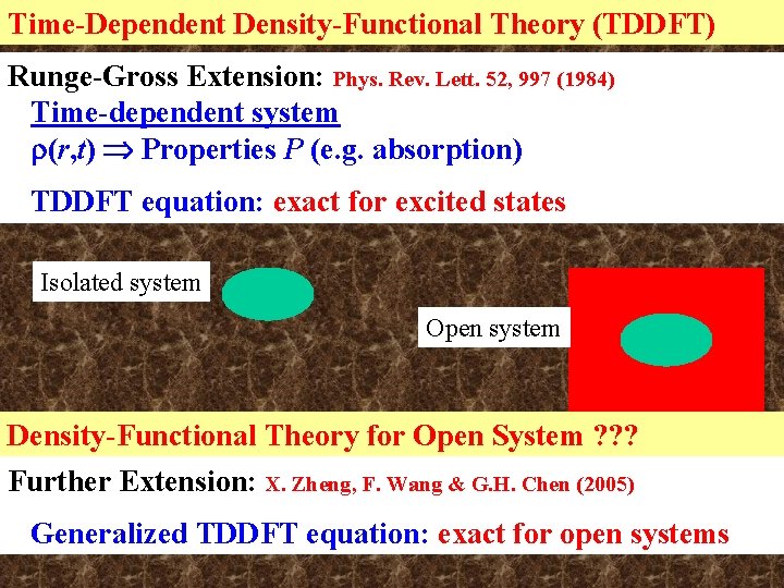 Time-Dependent Density-Functional Theory (TDDFT) Runge-Gross Extension: Phys. Rev. Lett. 52, 997 (1984) Time-dependent system Time-Dependent Density-Functional Theory (TDDFT) Runge-Gross Extension: Phys. Rev. Lett. 52, 997 (1984) Time-dependent system