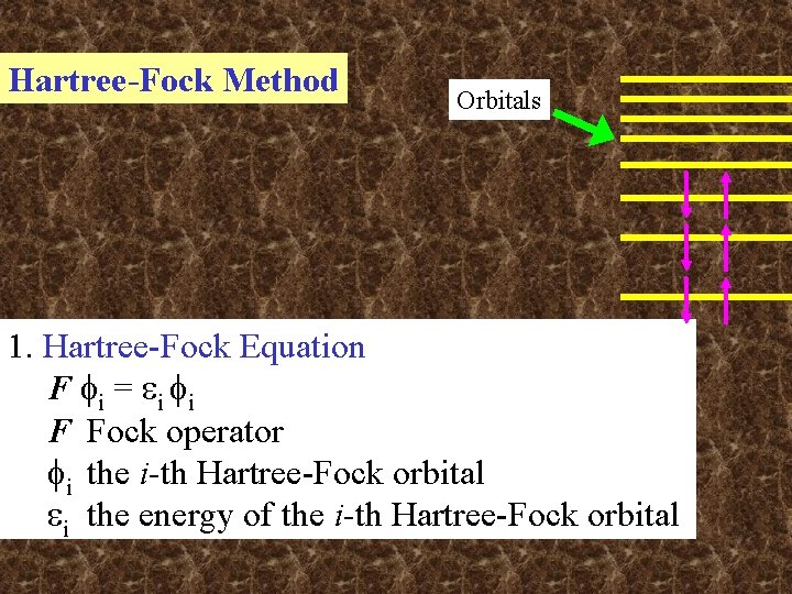 Hartree-Fock Method Orbitals 1. Hartree-Fock Equation F i = ei i F Fock operator Hartree-Fock Method Orbitals 1. Hartree-Fock Equation F i = ei i F Fock operator