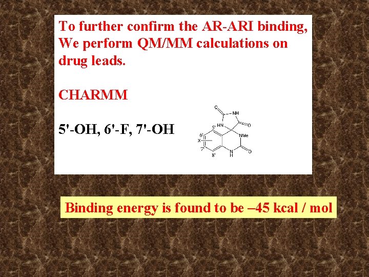 To further confirm the AR-ARI binding, We perform QM/MM calculations on drug leads. CHARMM To further confirm the AR-ARI binding, We perform QM/MM calculations on drug leads. CHARMM
