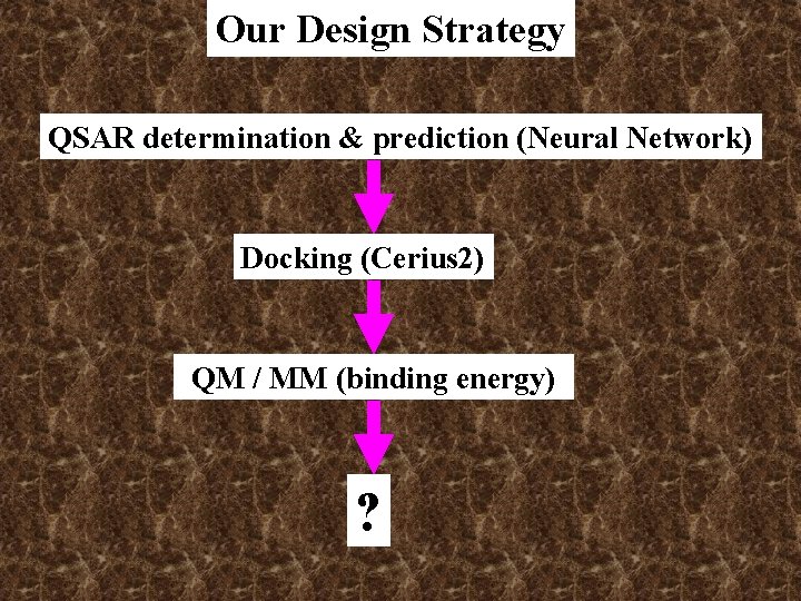 Our Design Strategy QSAR determination & prediction (Neural Network) Docking (Cerius 2) QM / Our Design Strategy QSAR determination & prediction (Neural Network) Docking (Cerius 2) QM /