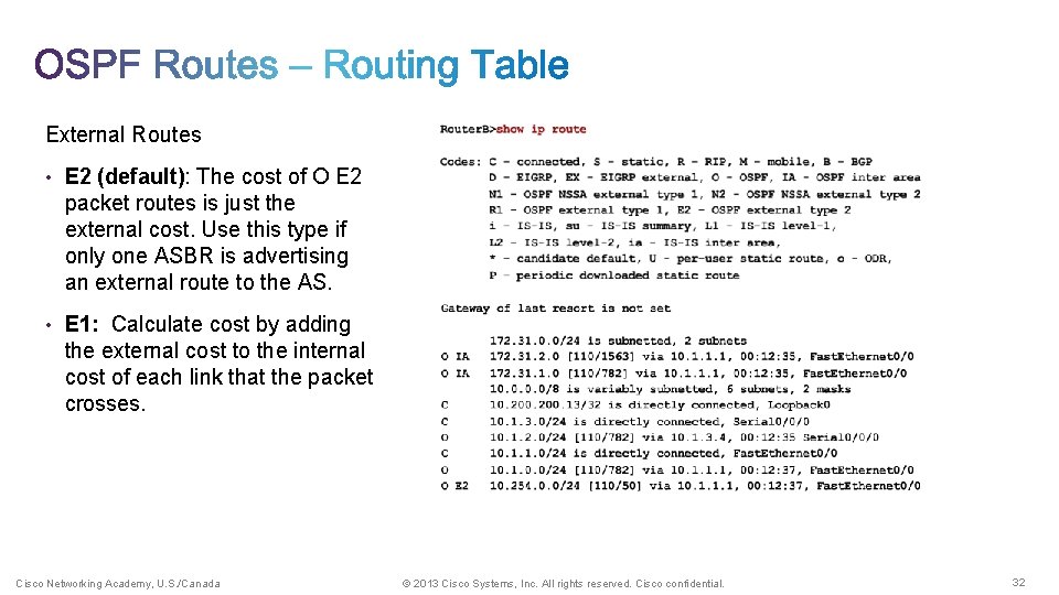 External Routes • E 2 (default): The cost of O E 2 packet routes