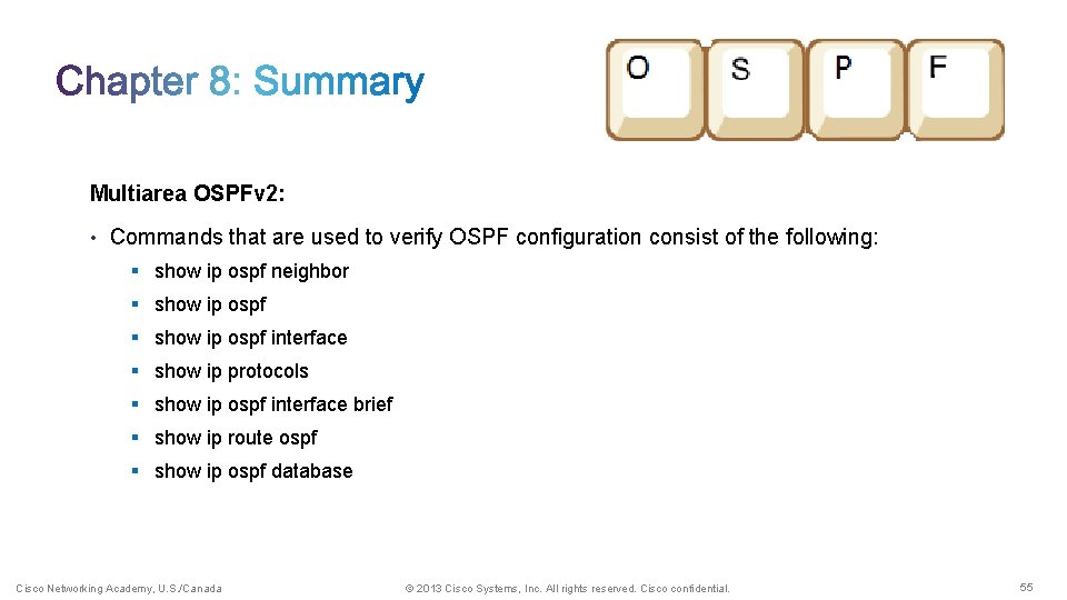 Multiarea OSPFv 2: • Commands that are used to verify OSPF configuration consist of