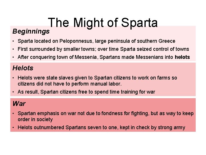 The Might of Sparta Beginnings • Sparta located on Peloponnesus, large peninsula of southern