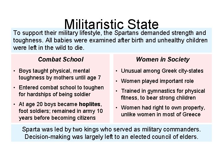 Militaristic State To support their military lifestyle, the Spartans demanded strength and toughness. All