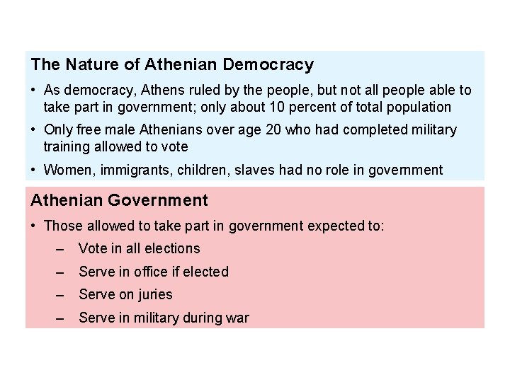 The Nature of Athenian Democracy • As democracy, Athens ruled by the people, but