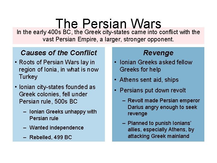 The Persian Wars In the early 400 s BC, the Greek city-states came into