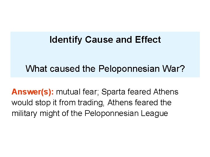 Identify Cause and Effect What caused the Peloponnesian War? Answer(s): mutual fear; Sparta feared