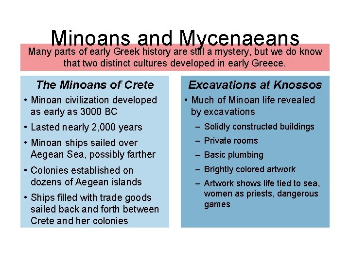 Minoans and Mycenaeans Many parts of early Greek history are still a mystery, but