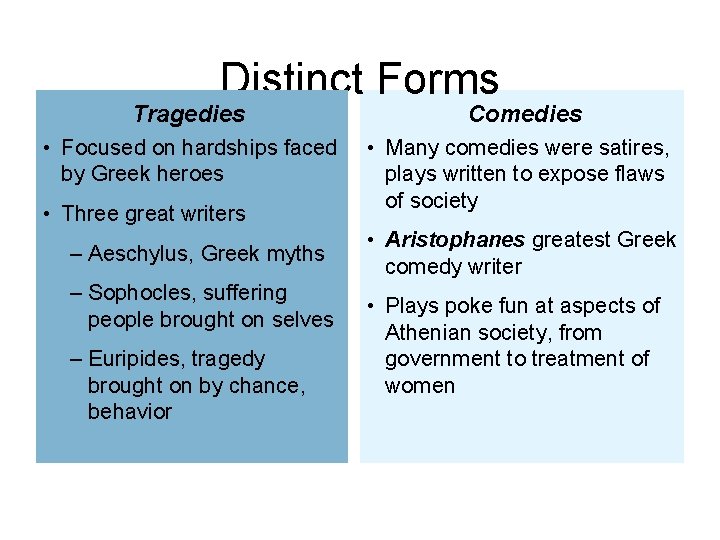 Distinct Forms Tragedies Comedies • Focused on hardships faced by Greek heroes • Many