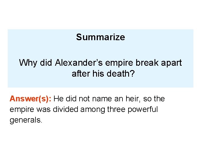 Summarize Why did Alexander’s empire break apart after his death? Answer(s): He did not