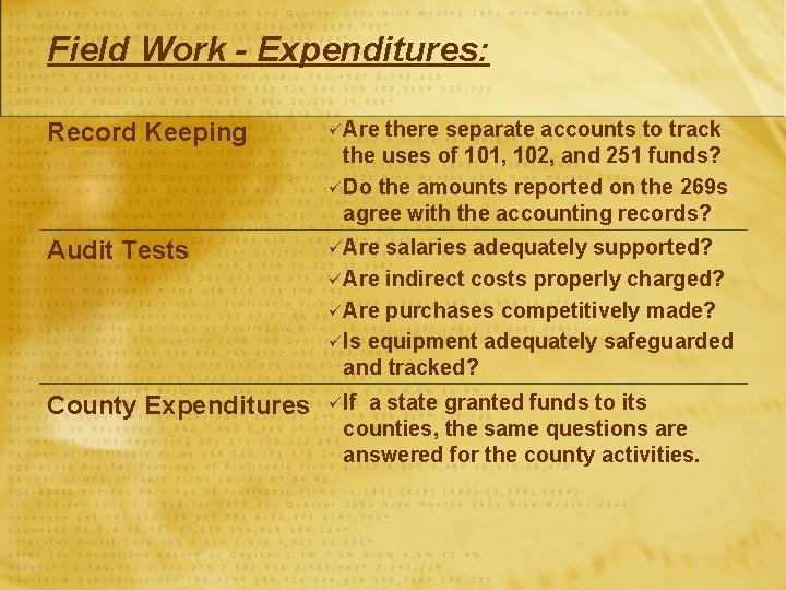 Field Work - Expenditures: Record Keeping ü Are there separate accounts to track the