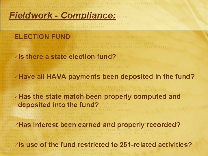 Fieldwork - Compliance: ELECTION FUND üIs there a state election fund? üHave all HAVA