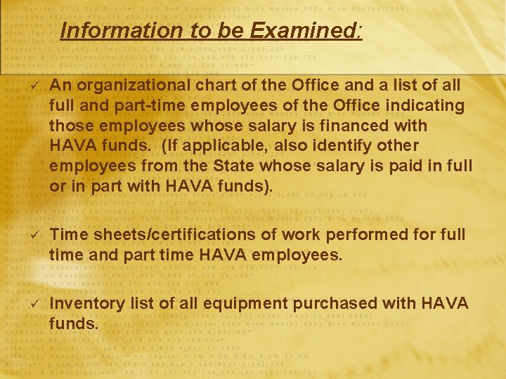 Information to be Examined: ü An organizational chart of the Office and a list