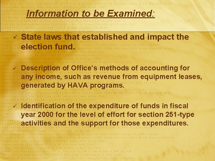 Information to be Examined: ü State laws that established and impact the election fund.