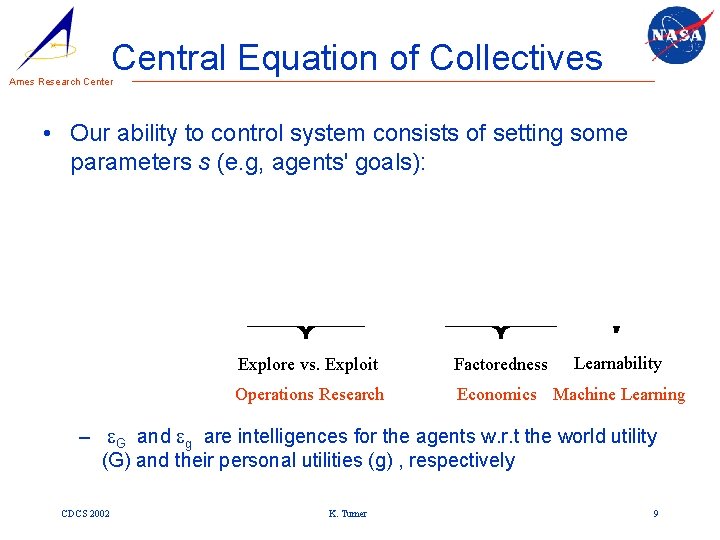 Central Equation of Collectives Ames Research Center • Our ability to control system consists