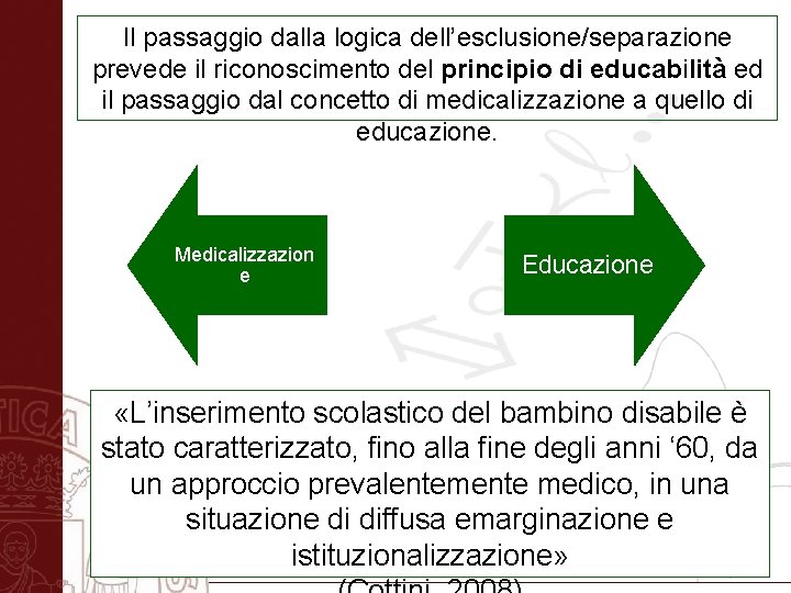 Il passaggio dalla logica dell’esclusione/separazione prevede il riconoscimento del principio di educabilità ed il