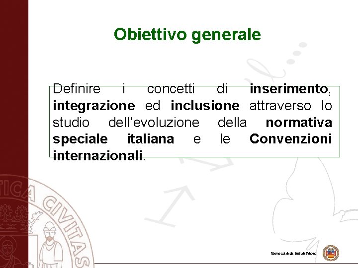 Obiettivo generale Definire i concetti di inserimento, integrazione ed inclusione attraverso lo studio dell’evoluzione