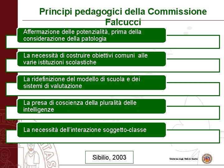 Principi pedagogici della Commissione Falcucci Affermazione delle potenzialità, prima della considerazione della patologia La