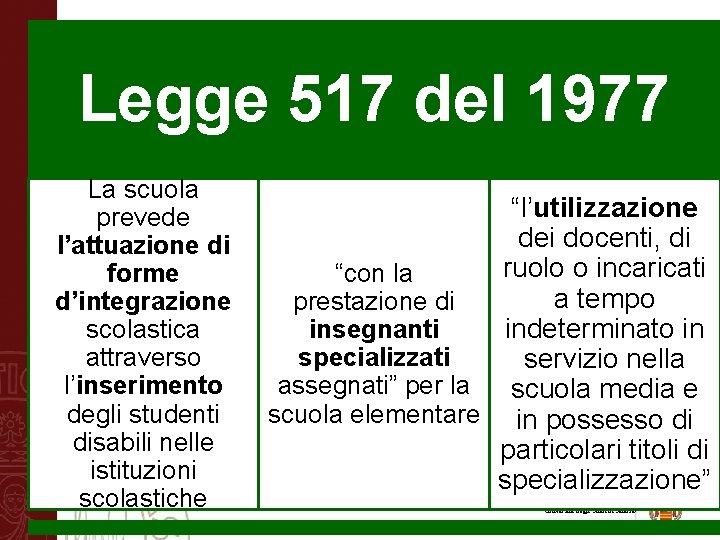 Legge 517 del 1977 La scuola prevede l’attuazione di forme d’integrazione scolastica attraverso l’inserimento
