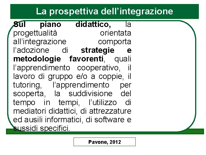 La prospettiva dell’integrazione Sul piano didattico, la progettualità orientata all’integrazione comporta l’adozione di strategie